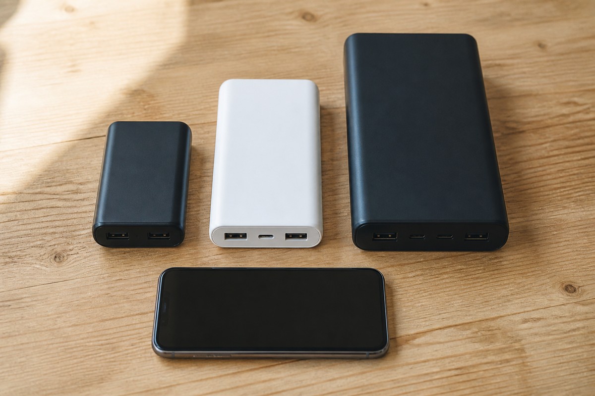 大きさの違う3つのモバイルバッテリーをテーブルに並べて比べる様子
