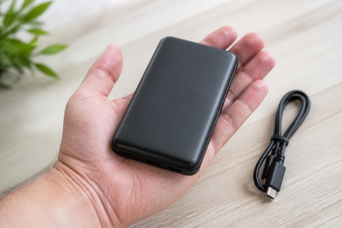 モバイルバッテリーを手に持って重さと厚みを確かめる手元
