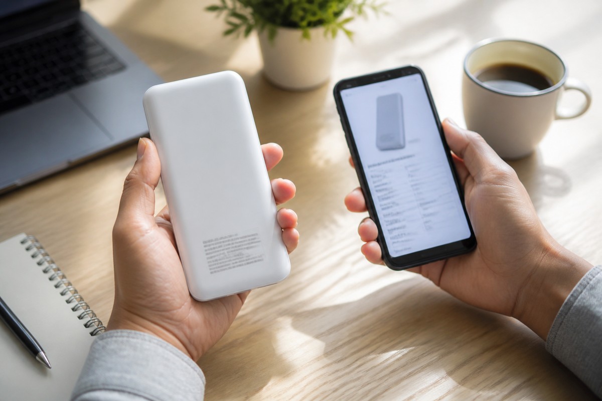 モバイルバッテリーの表示を確認しながらスマートフォンで情報を調べる様子