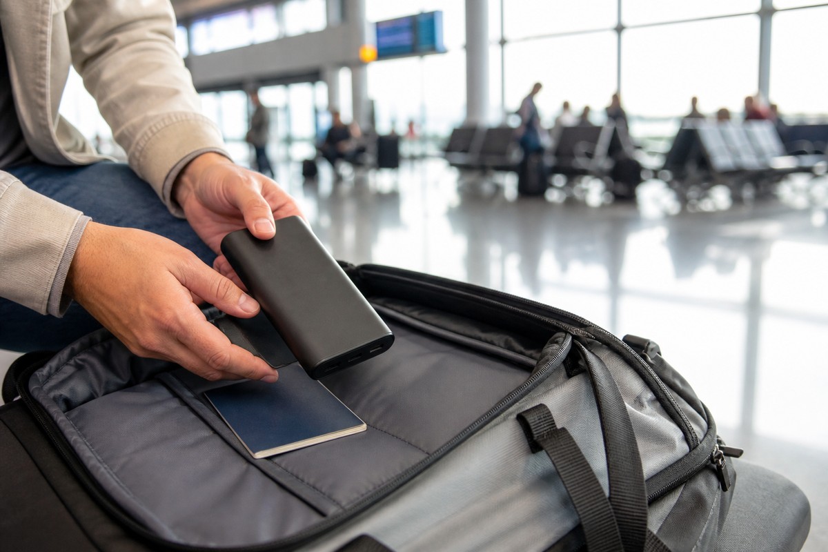 空港で機内持ち込みバッグにモバイルバッテリーを入れる旅行者の手元