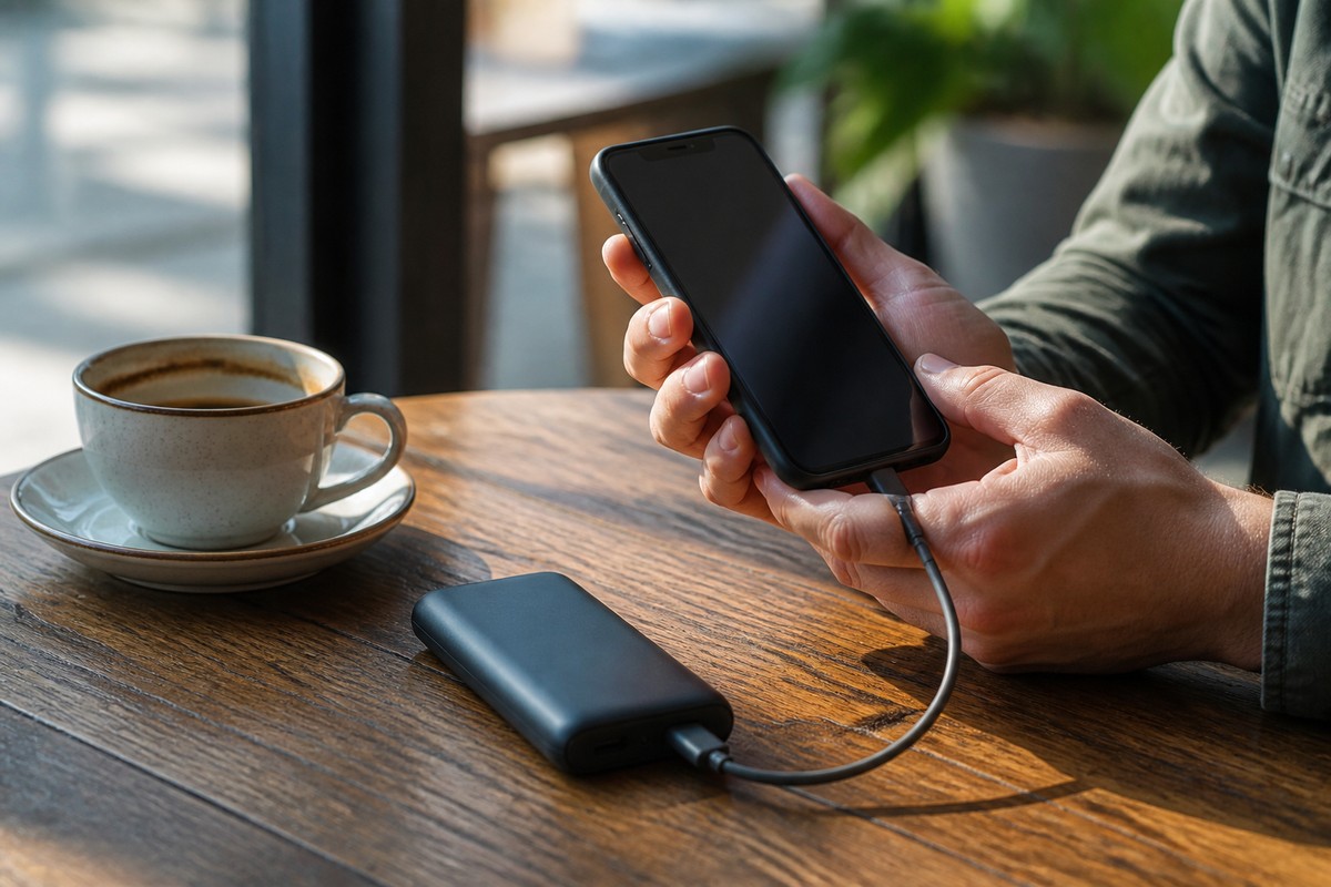 カフェでモバイルバッテリーにつないだスマートフォンの口コミを読む手元