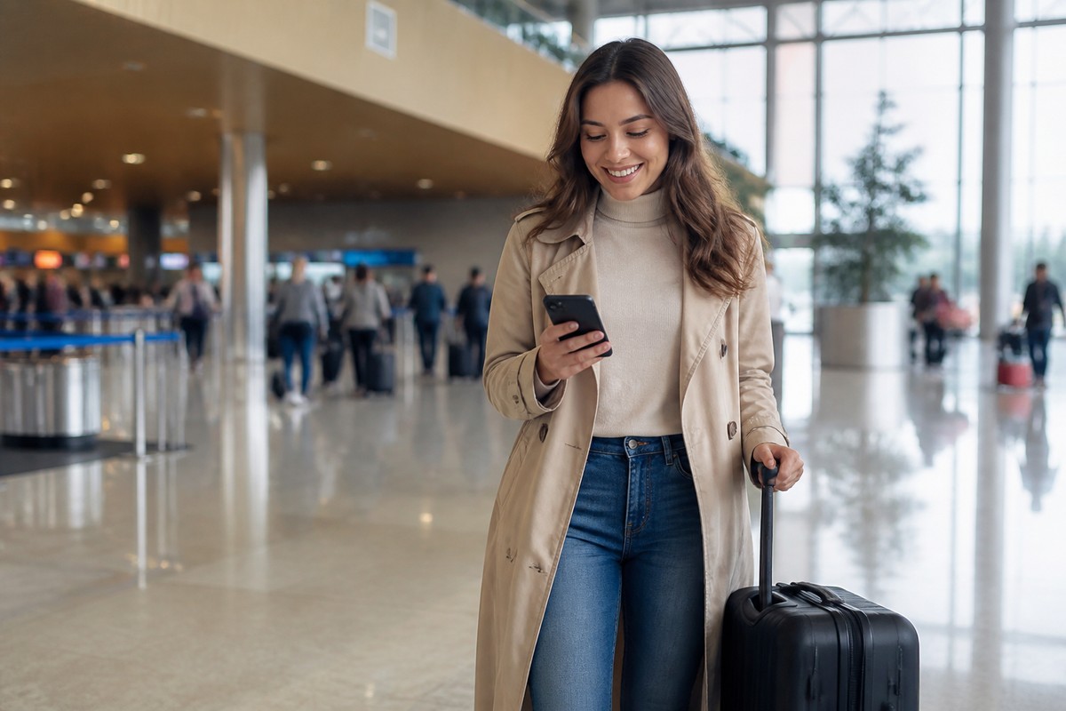 台湾の空港に到着してスマートフォンを確認する旅行者