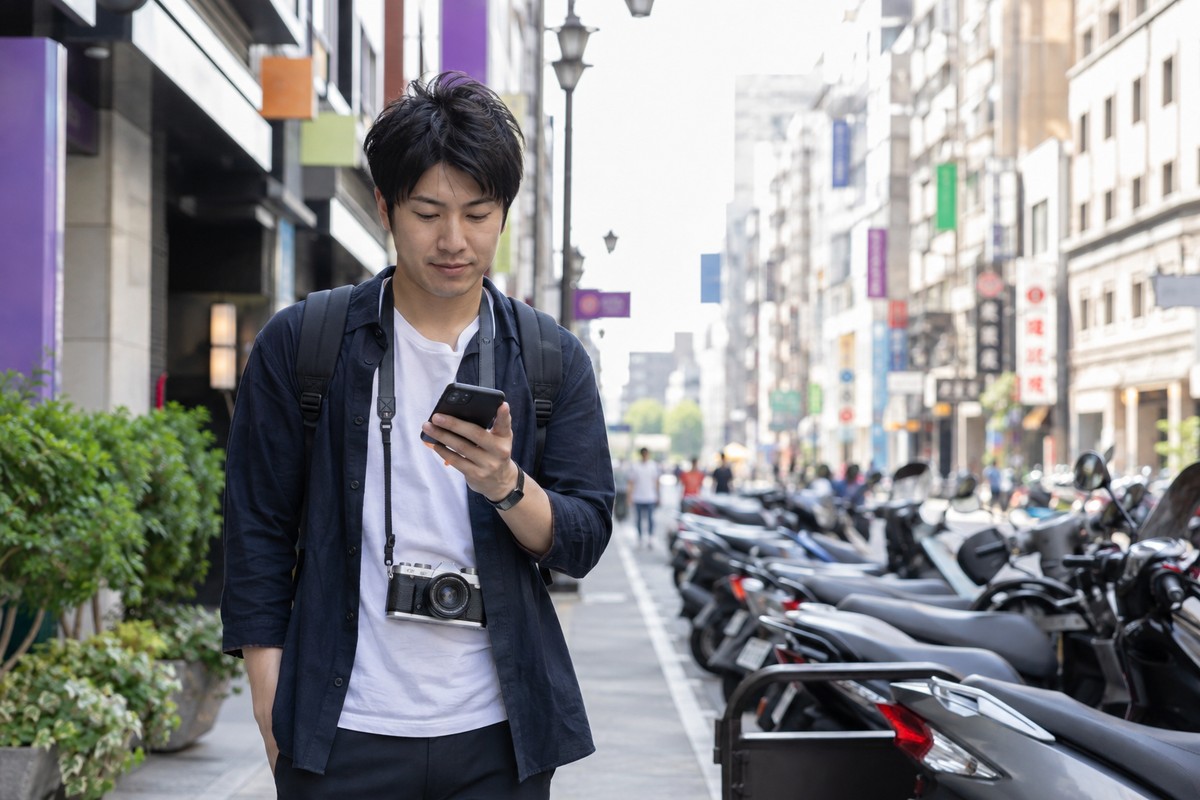 台北の街角でスマートフォンを見ながら歩く旅行者