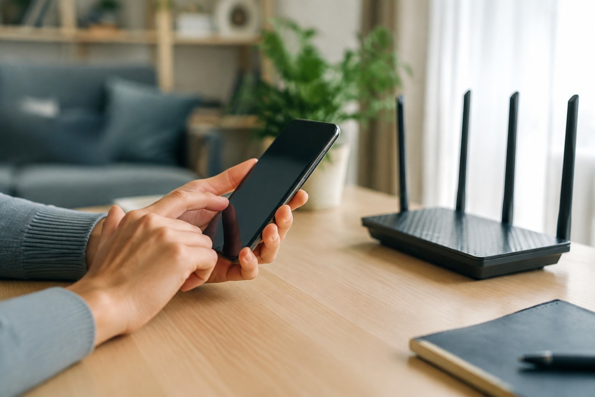 出発前に自宅でスマートフォンの通信設定をしている手元