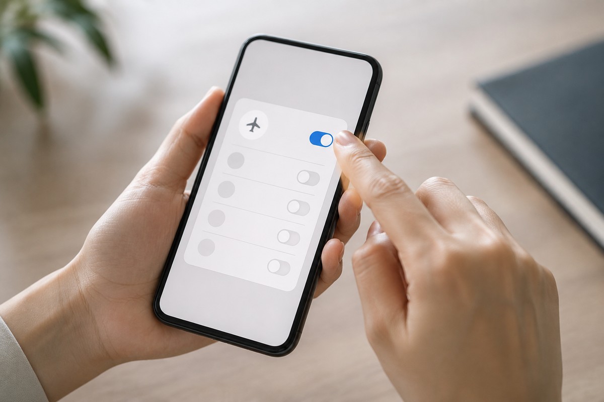 スマートフォンの設定画面で機内モードの切り替えを操作する手元