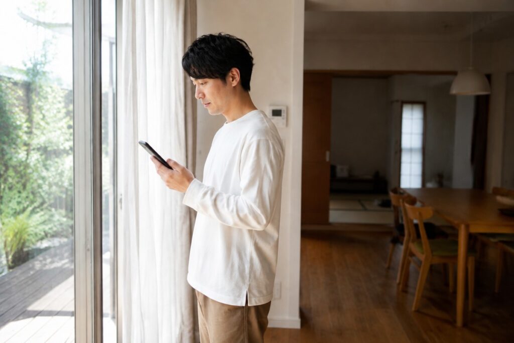 自宅の窓際でスマートフォンの電波状況を確認する人