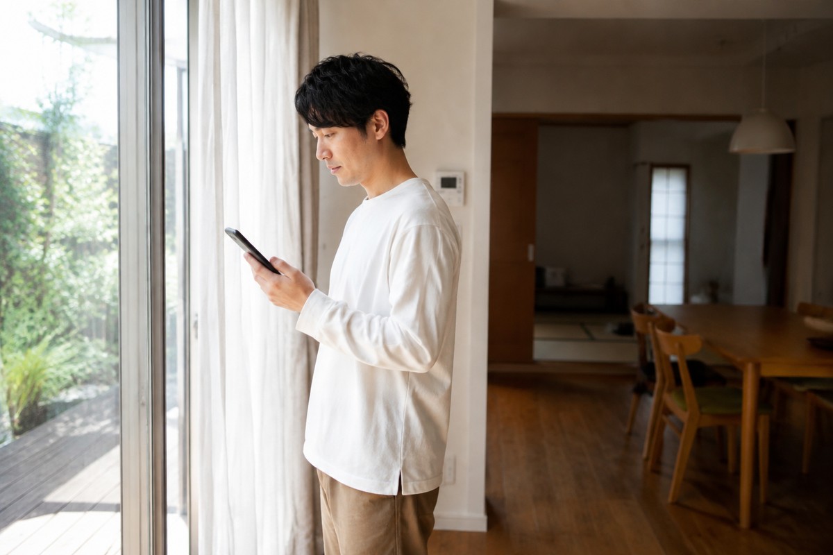 自宅の窓際でスマートフォンの電波状況を確認する人