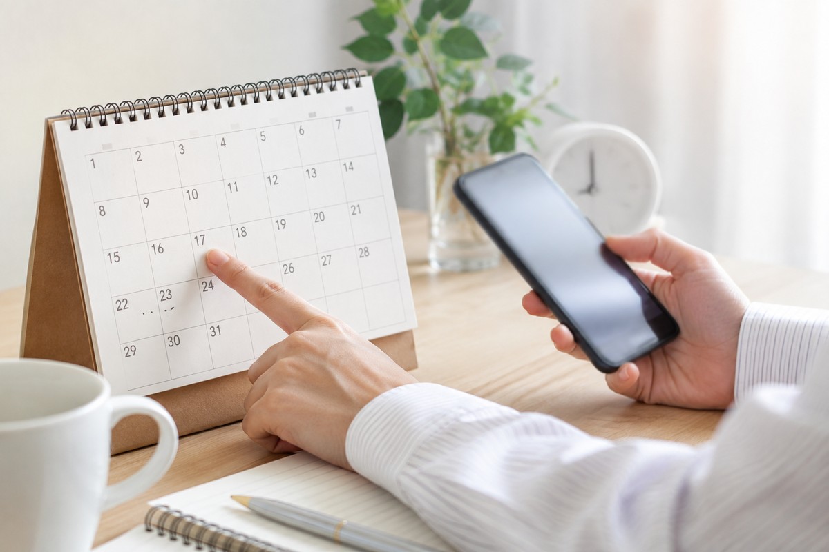卓上カレンダーとスマートフォンで手続きの時期を確認する様子