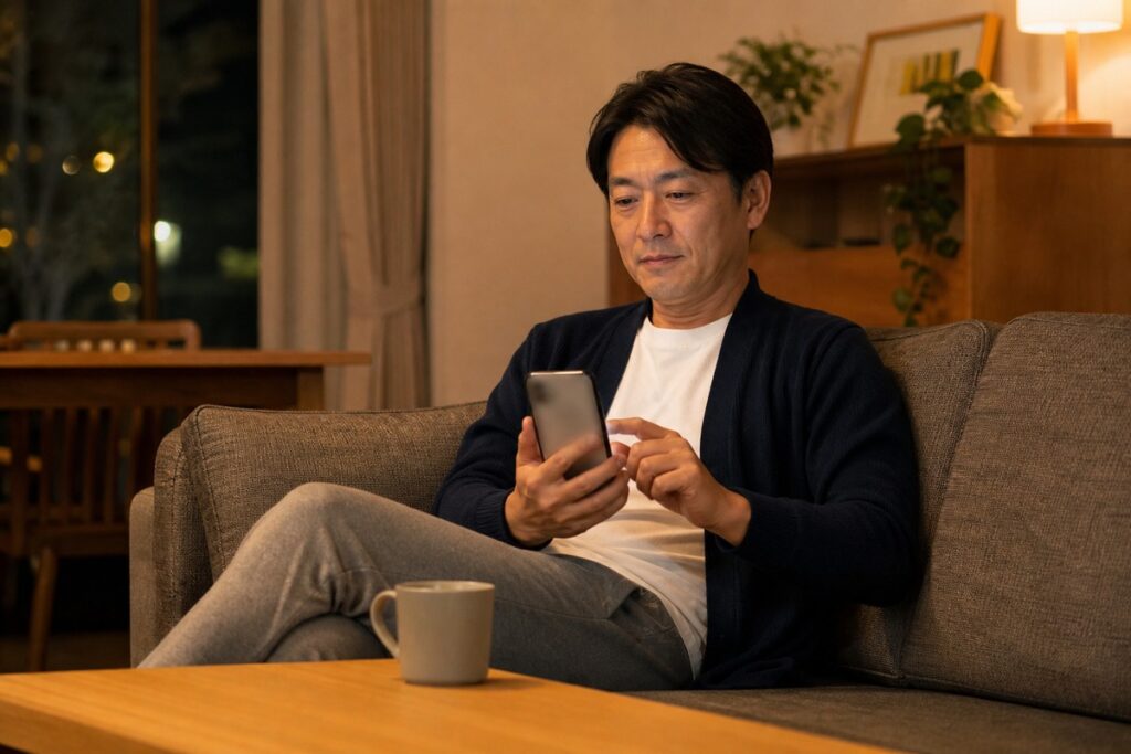自宅のソファでスマホから手続きを進める様子