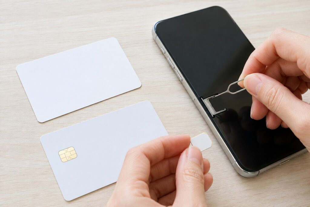 SIMカードとスマートフォンを手に乗り換え作業をする手元