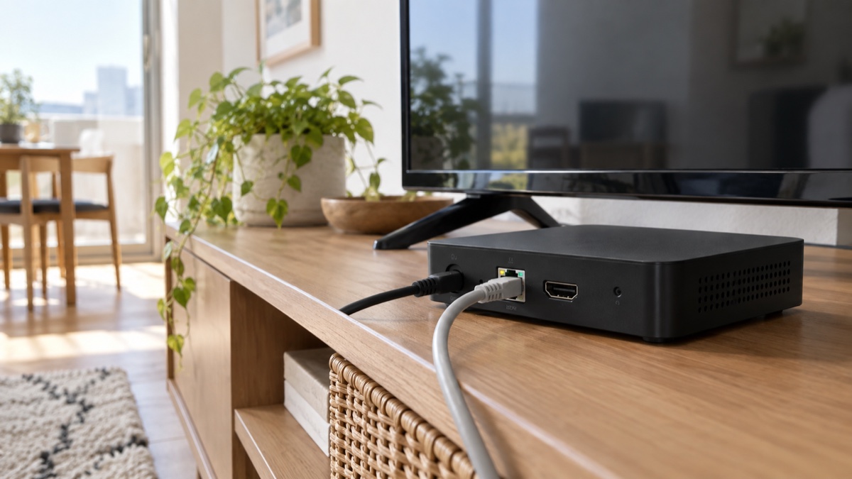 光回線のチューナーをLANケーブルでテレビにつないだ様子