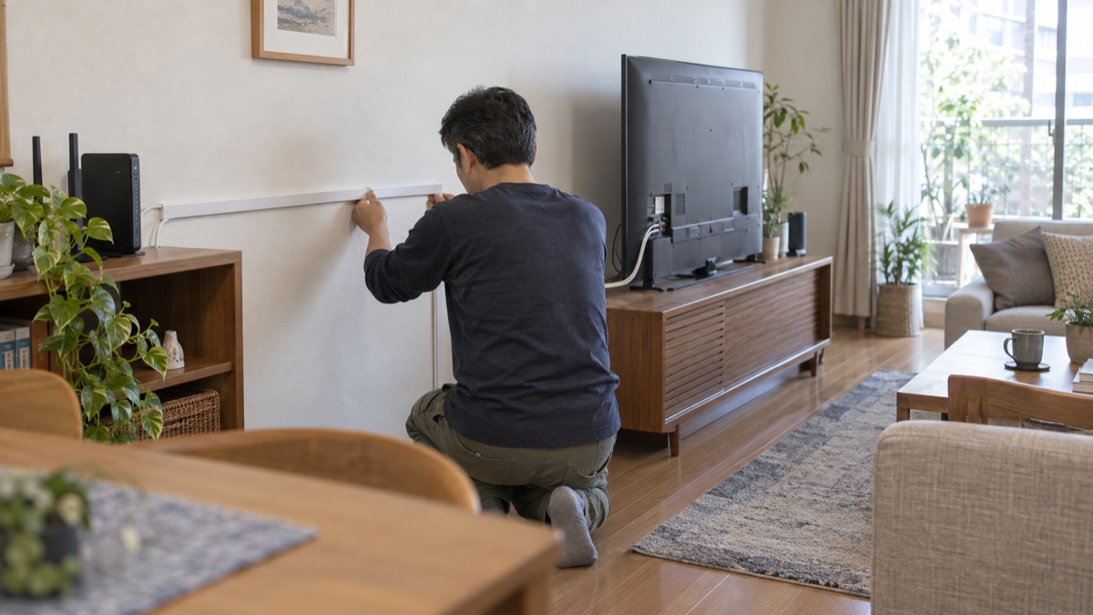 ルーターからテレビへLANケーブルを配線している様子