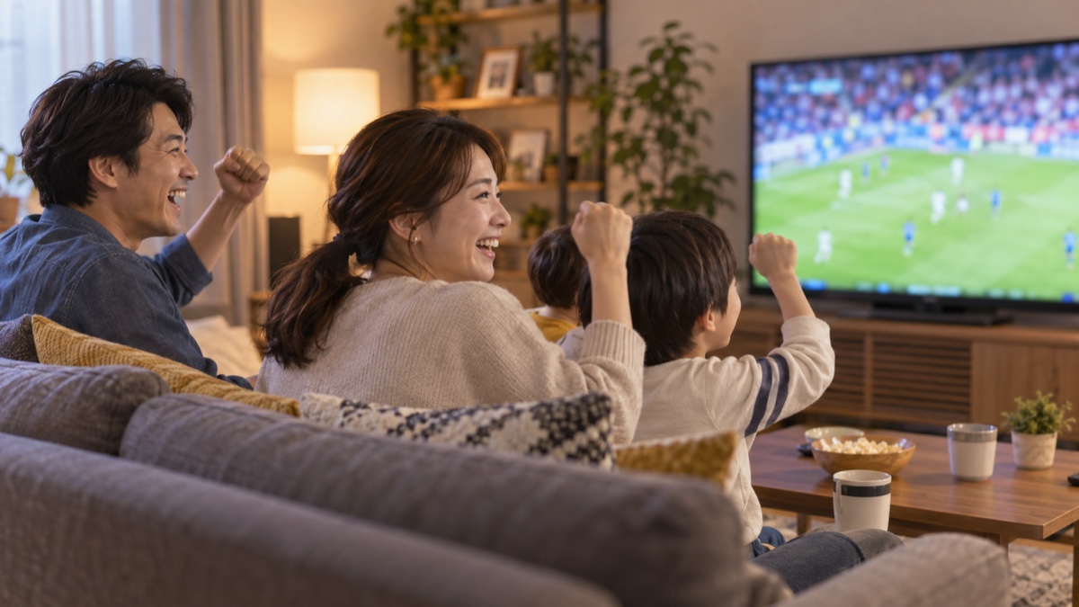 家族でテレビの専門チャンネルを楽しむ様子