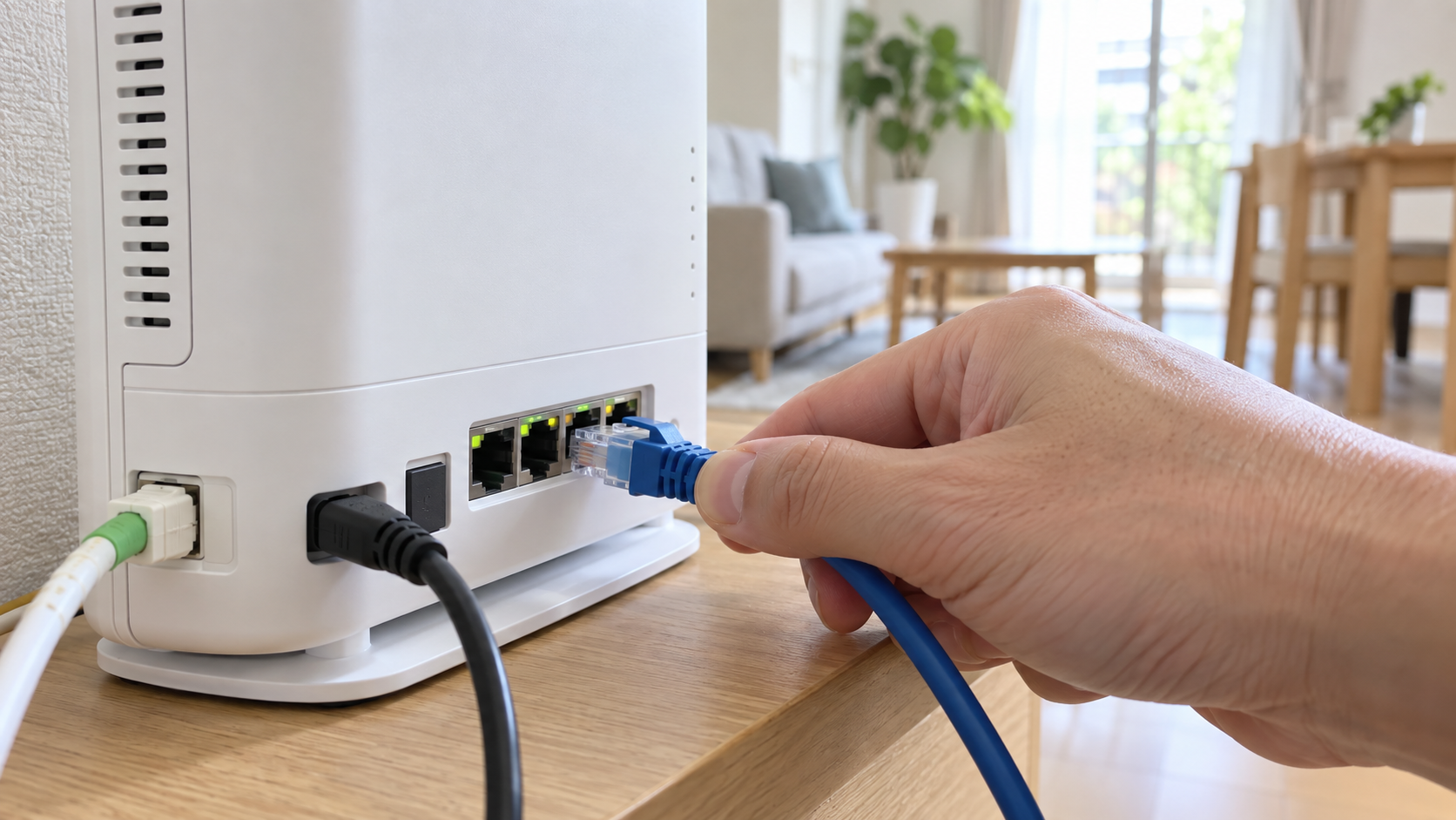 光回線ルーターのLANポートにケーブルを接続する手元