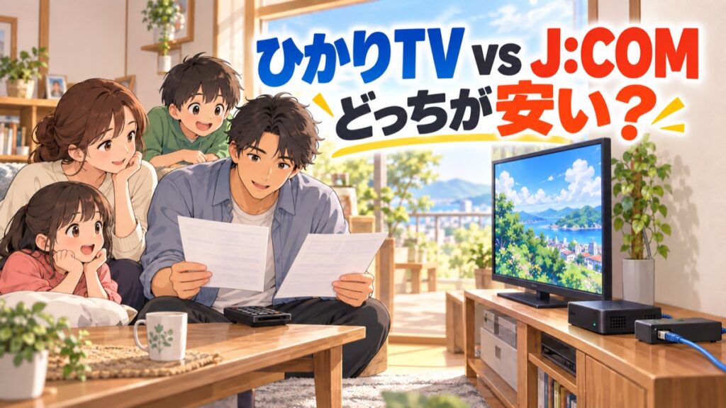 ひかりTVとJ:COMの料金を比較する家族のイラスト