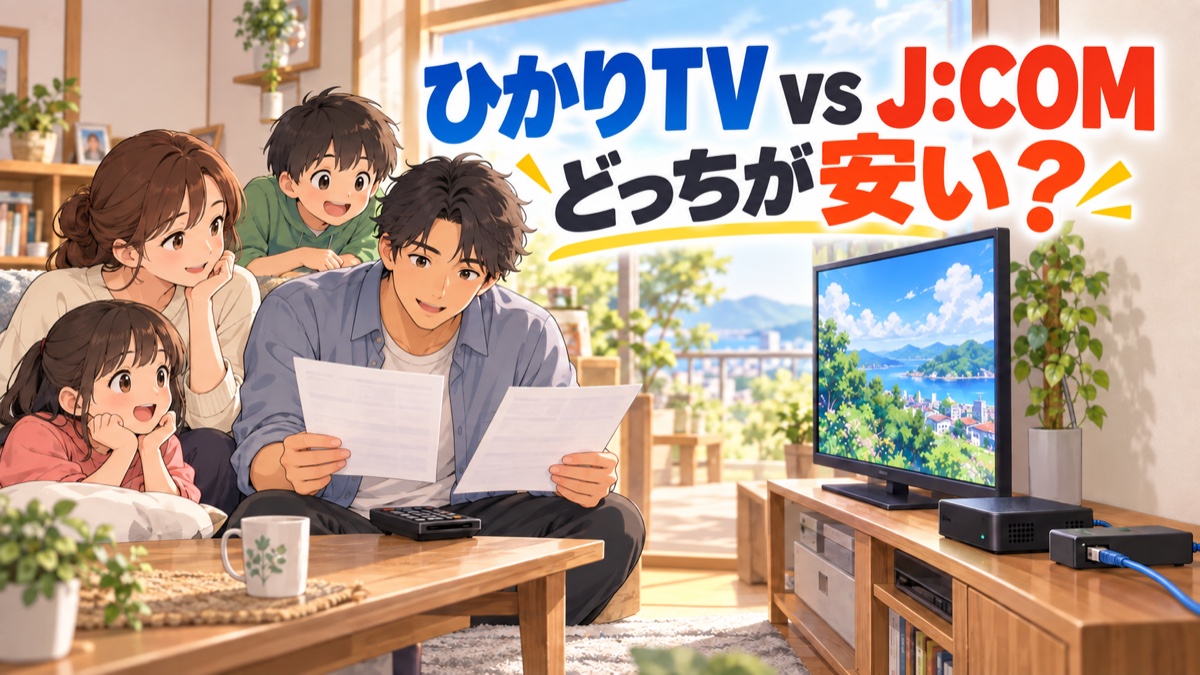 ひかりTVとJ:COMの料金を比較する家族のイラスト