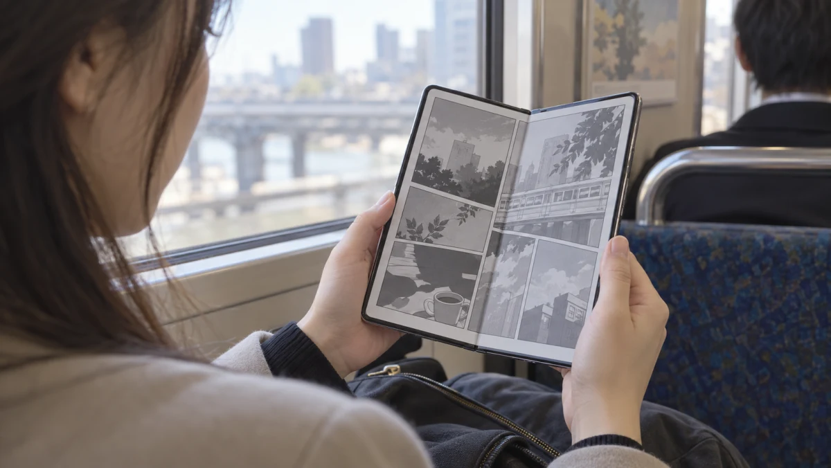 通勤電車で折りたたみスマホの大画面を使う様子