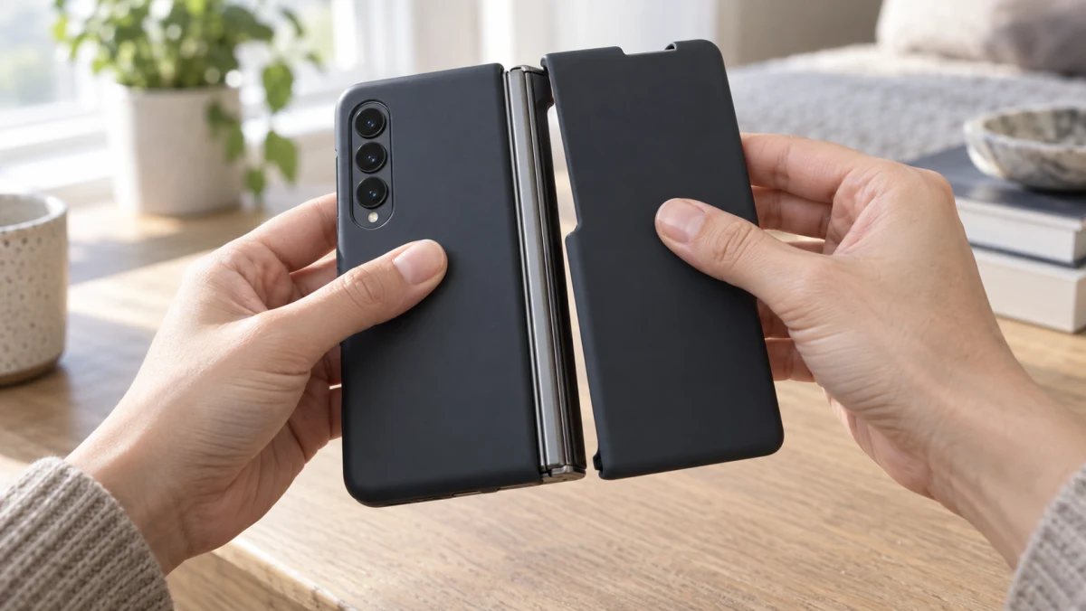 折りたたみスマホに専用ケースを装着する手元