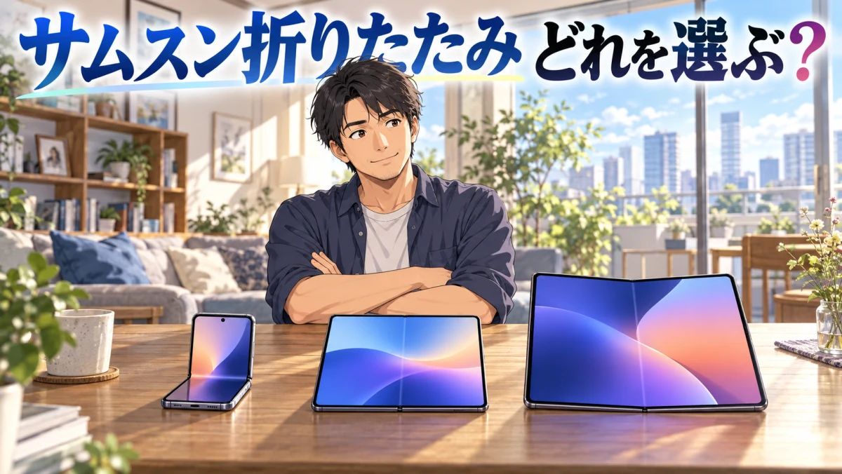 3台の折りたたみスマホを見比べて迷う男性のイラスト