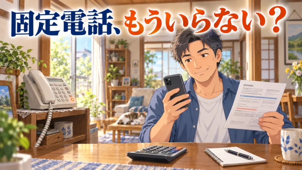 使われていない固定電話を前に解約を検討する男性のイラスト