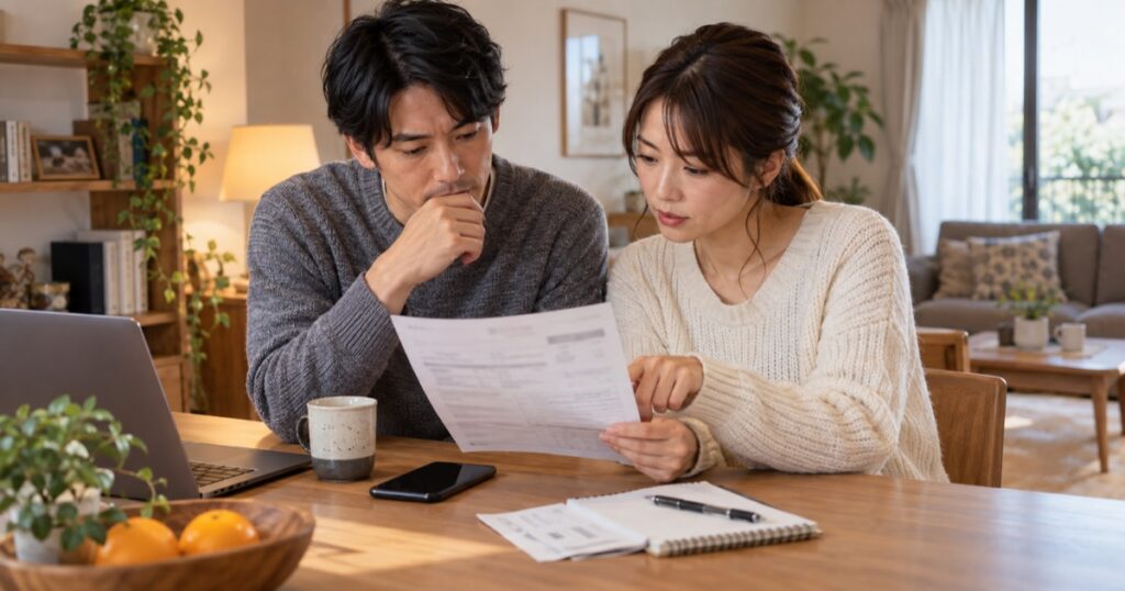 夫婦で通信費の請求内容を確認する様子