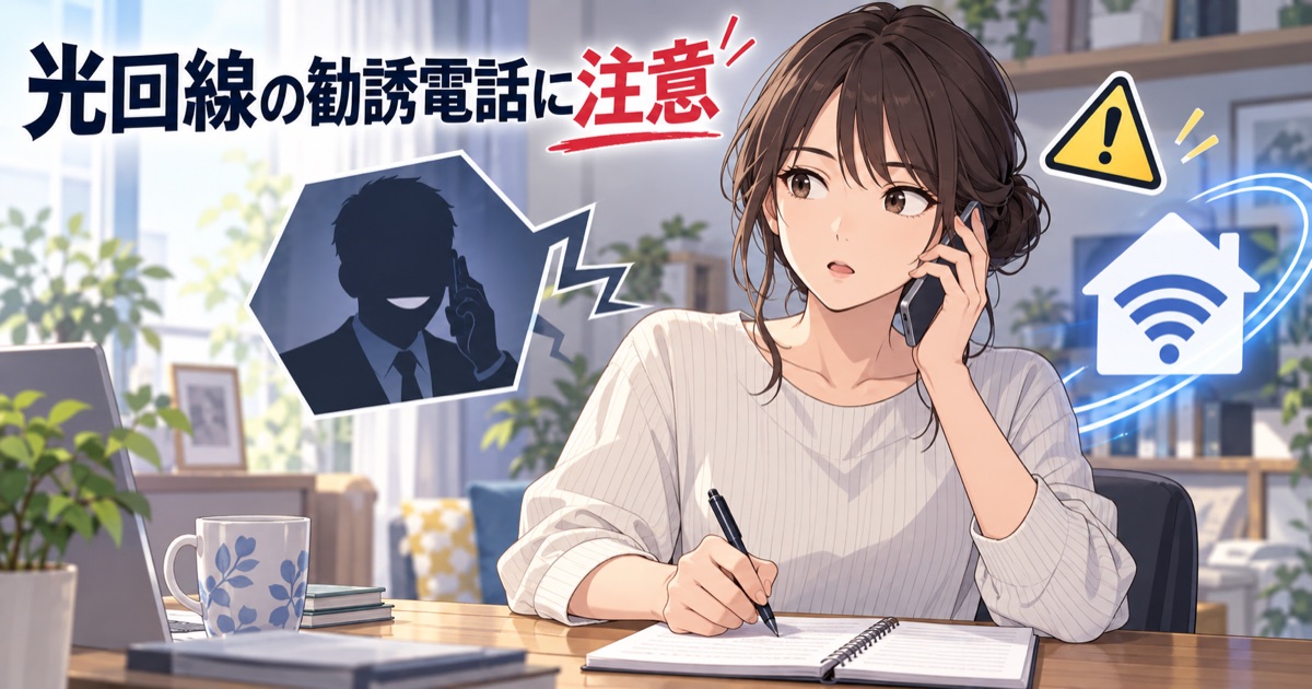 光回線の勧誘電話に落ち着いて対応しメモを取る女性のイラスト