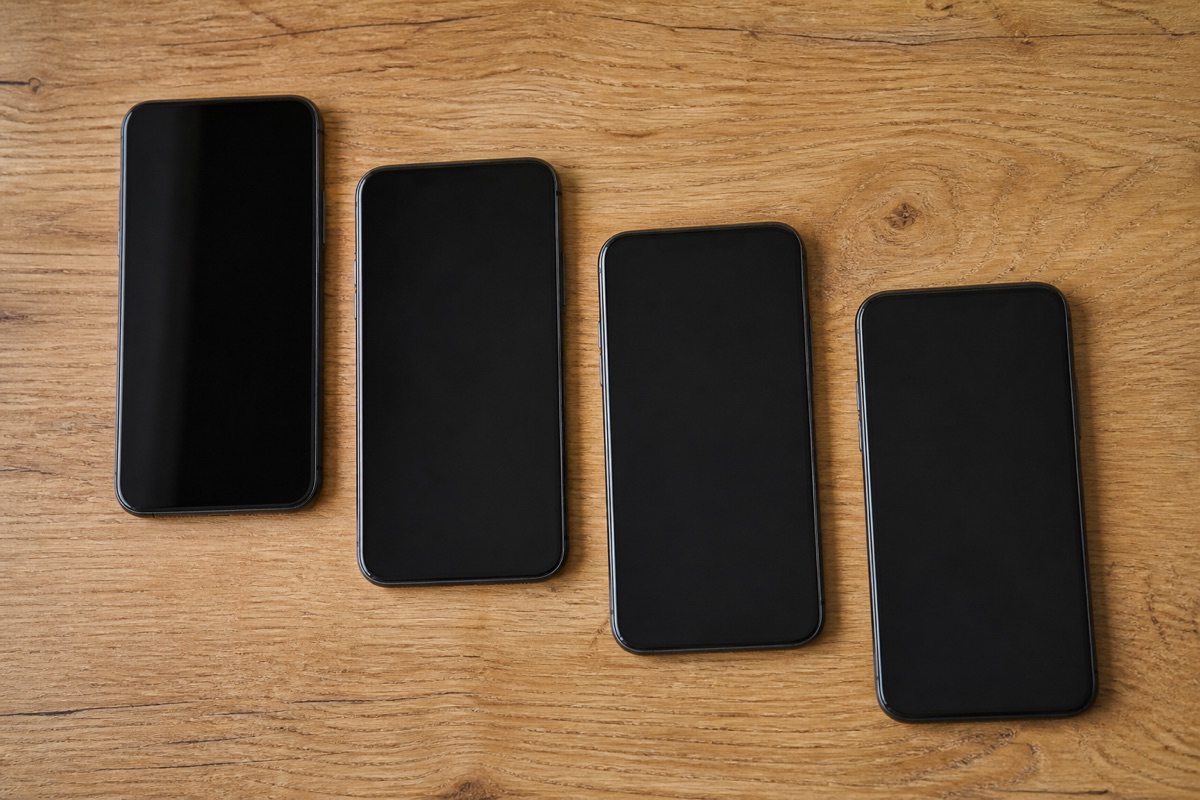 4台のスマートフォンを並べて比較する様子