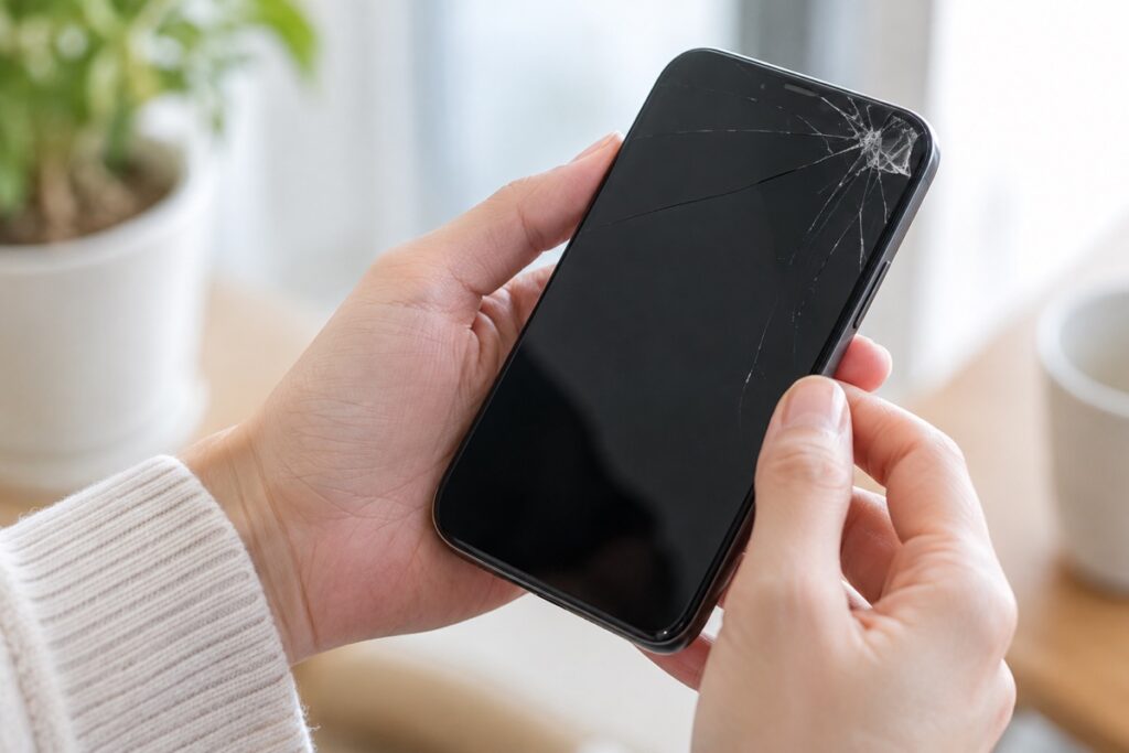 画面にひびが入ったスマートフォンを確認する手元