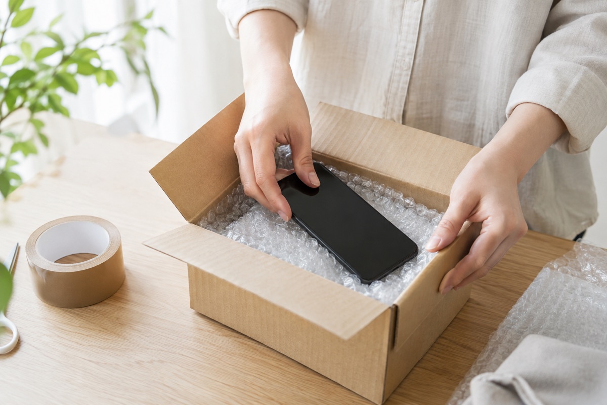 スマートフォンを返却用に梱包する手元