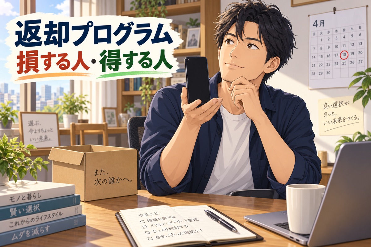 スマホの返却プログラムで返すか持ち続けるか考える男性のイラスト