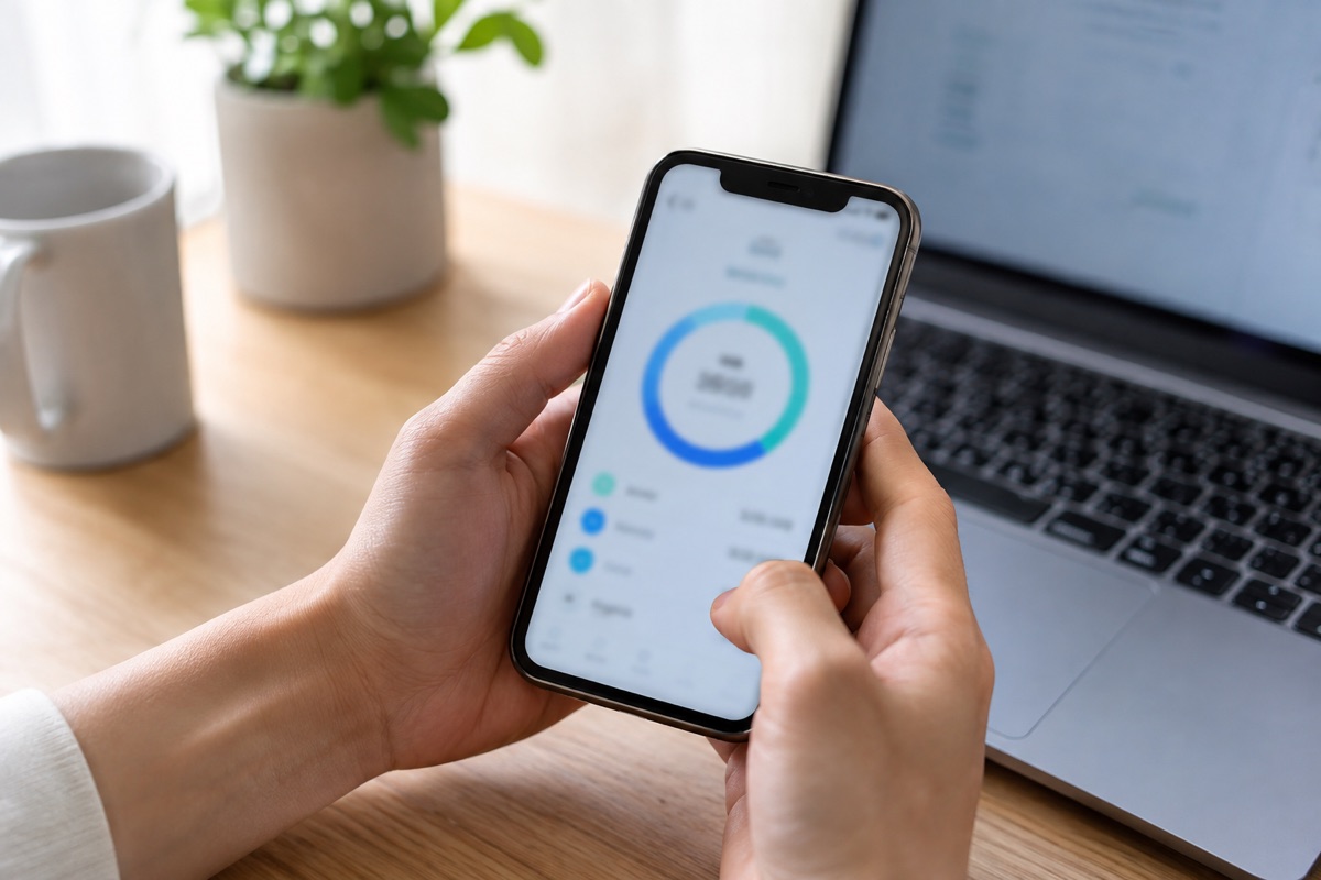 スマートフォンで通信速度を測っている手元