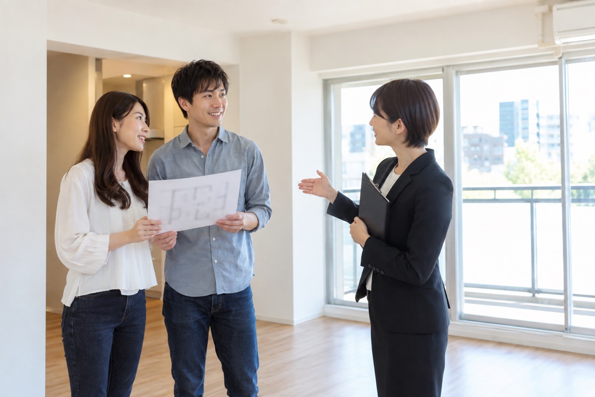 賃貸物件を内見して設備について質問する様子