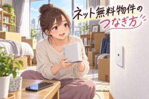 引っ越し先でWi-Fiルーターを壁のLANポートにつなごうとする女性のイラスト