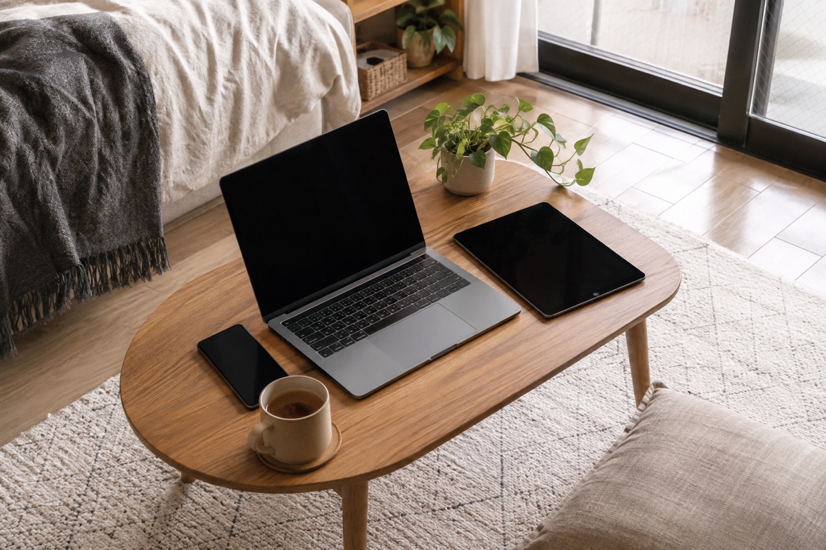 一人暮らしの部屋に並んだスマートフォンとパソコンとタブレット