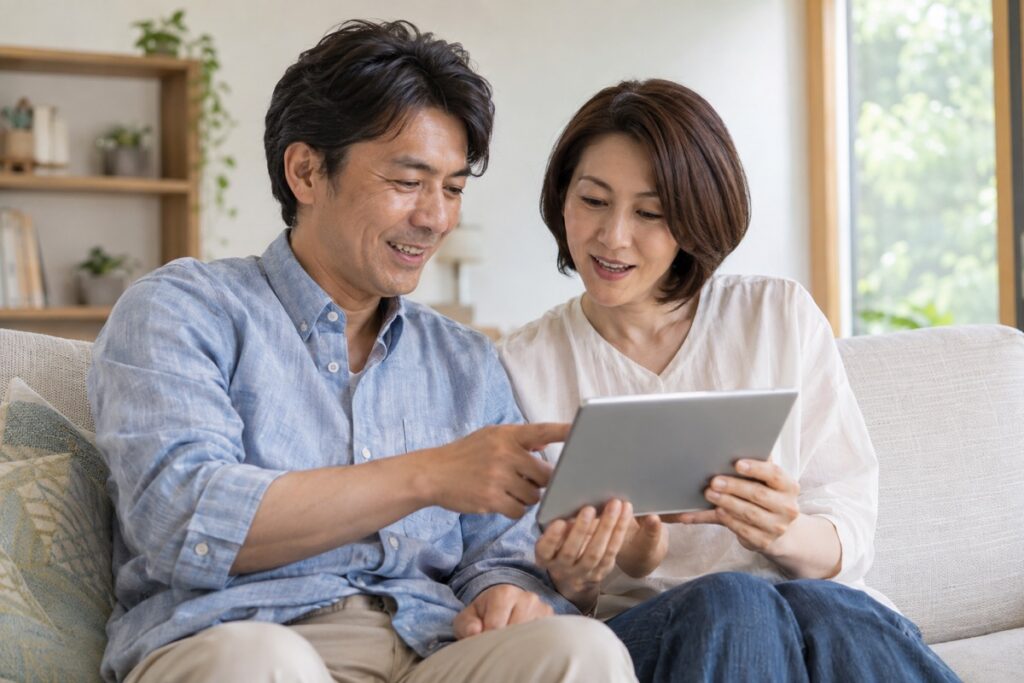 夫婦で通信プランを見直して話し合う様子