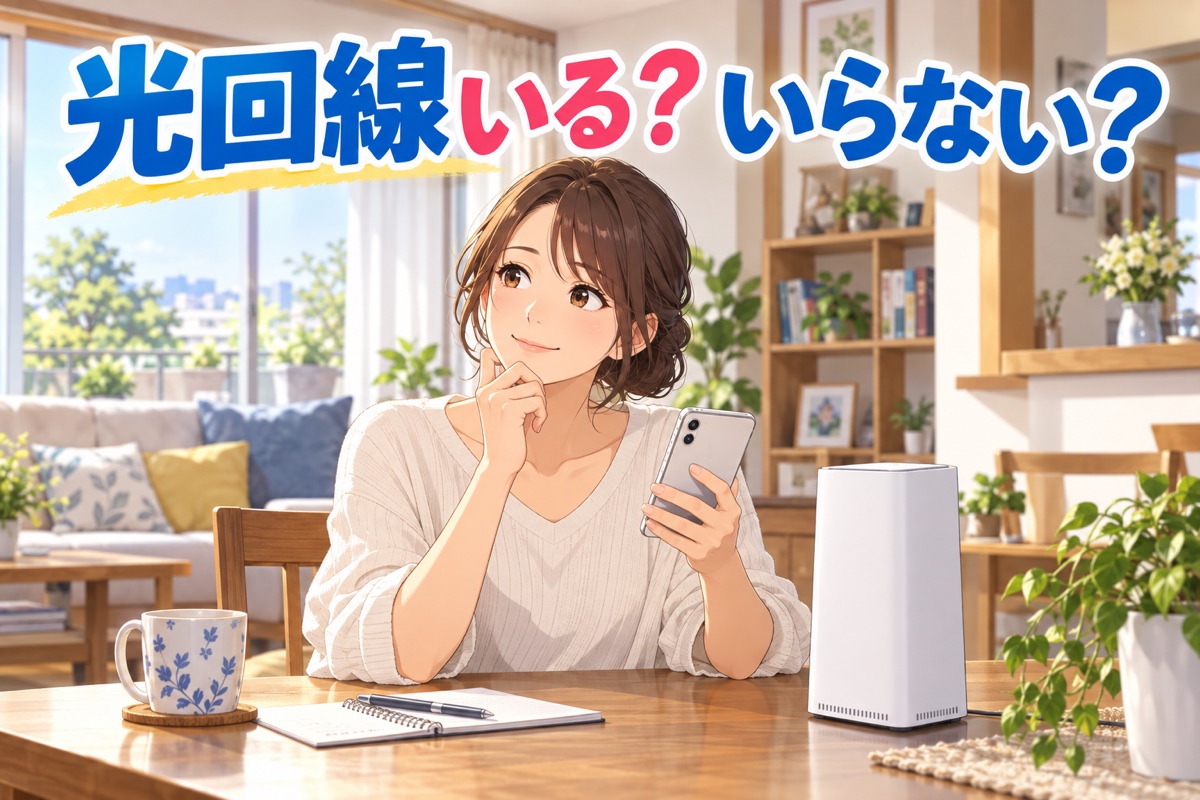 スマートフォンと光回線のルーターを見比べて考える女性のイラスト
