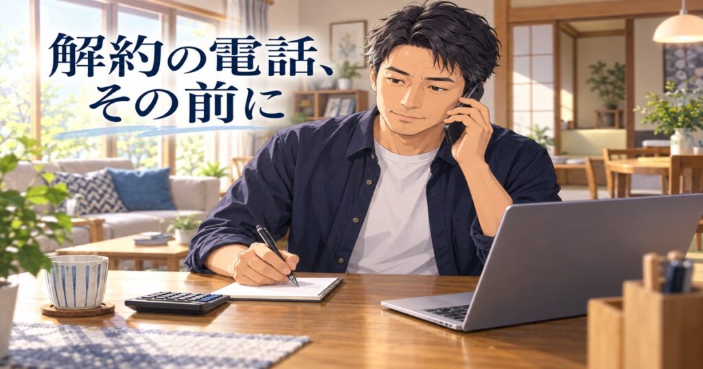ソフトバンク光の解約を電話で確認しながらメモを取る男性のイラスト