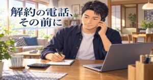 ソフトバンク光の解約を電話で確認しながらメモを取る男性のイラスト