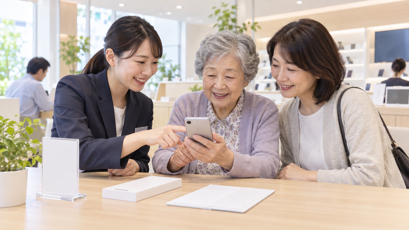 店頭で高齢の家族のスマホ設定を手伝ってもらう様子