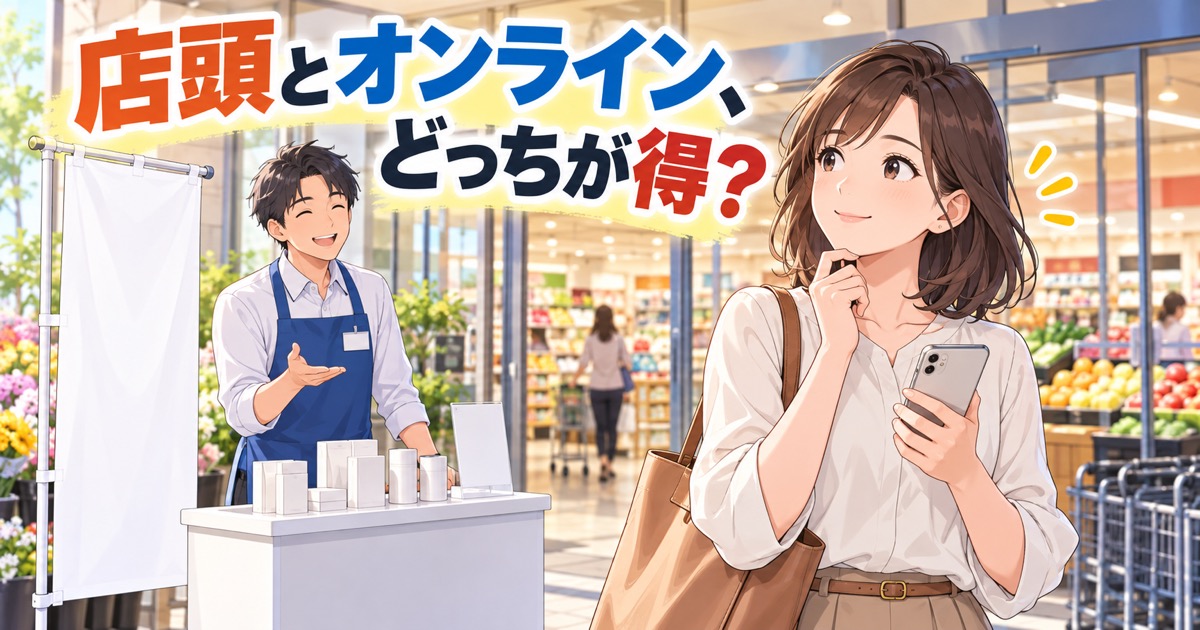 スーパーの店頭でスマホの勧誘カウンターの前に立ち止まって考える女性のイラスト