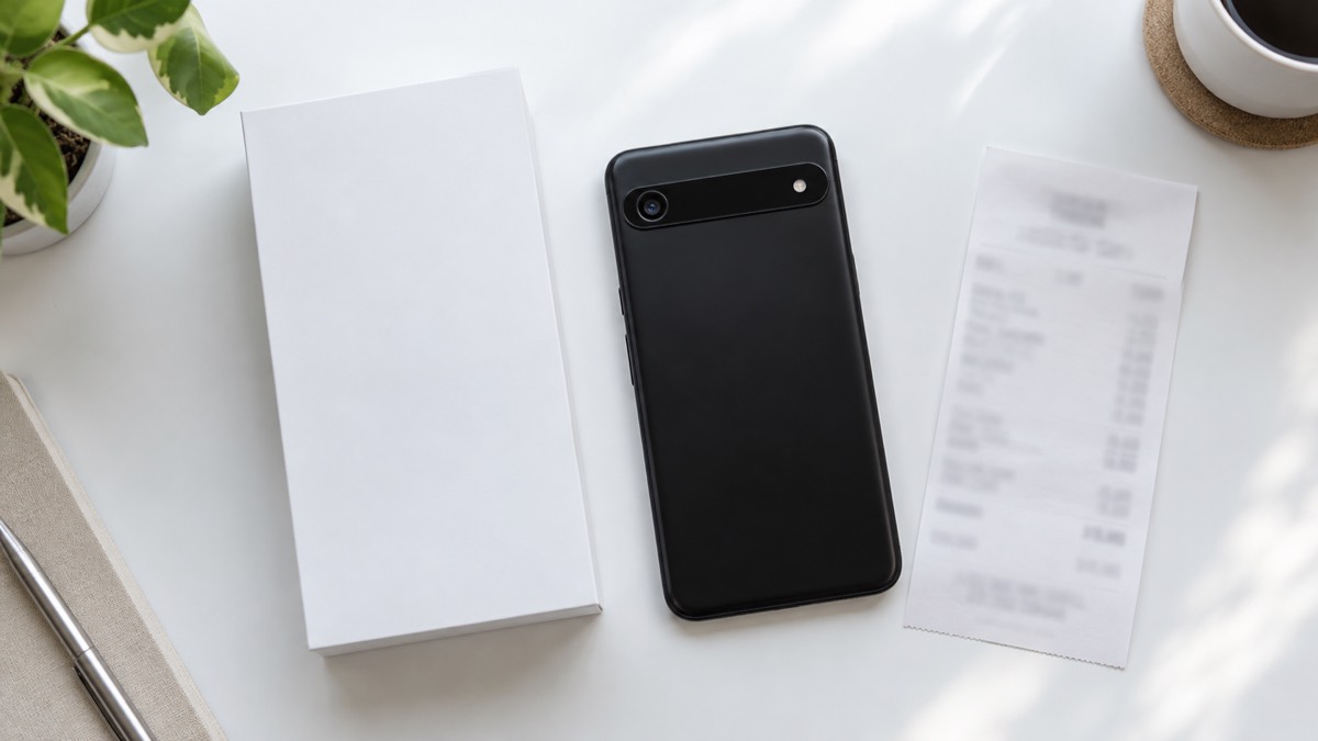 新品のスマートフォンと箱を机に並べた様子