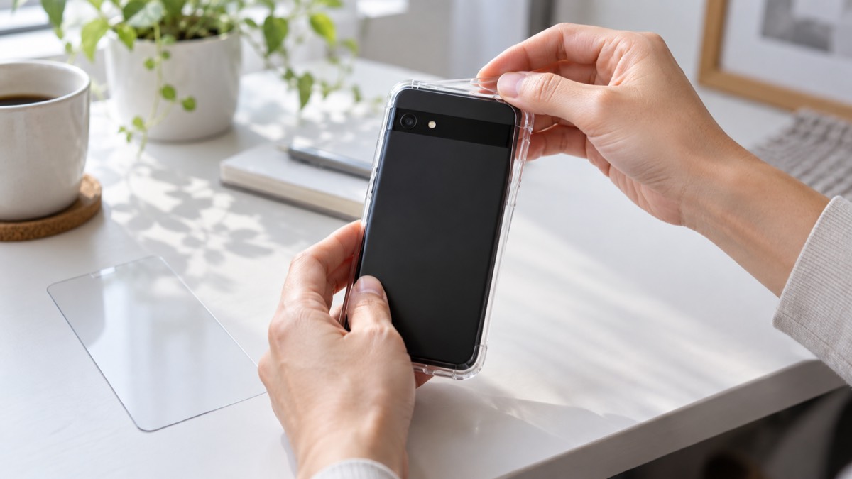 スマートフォンにケースと保護フィルムを付ける手元