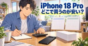 新しいスマートフォンを買う場所を電卓で比べて考える男性のイラスト