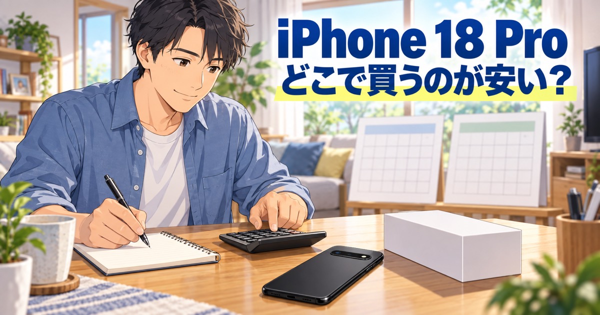 新しいスマートフォンを買う場所を電卓で比べて考える男性のイラスト