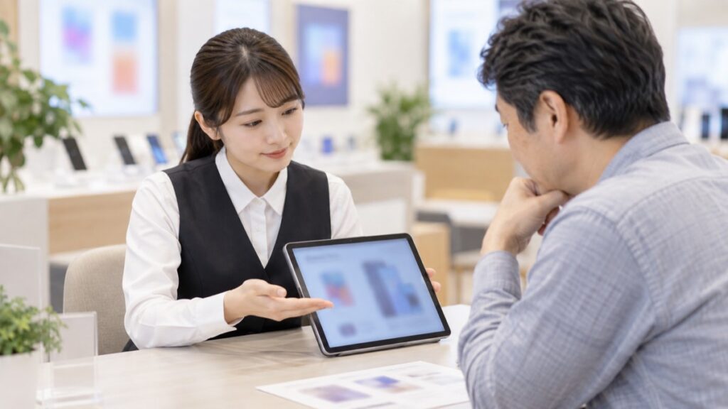 携帯ショップのカウンターで契約の説明を受ける様子