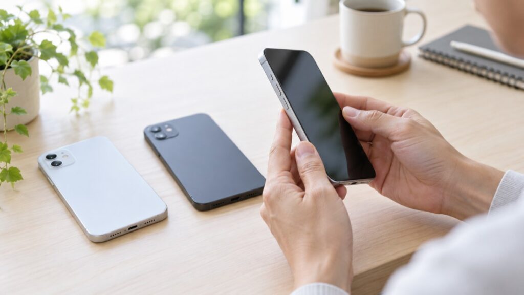 中古のスマートフォンを手に取って状態を確かめる様子