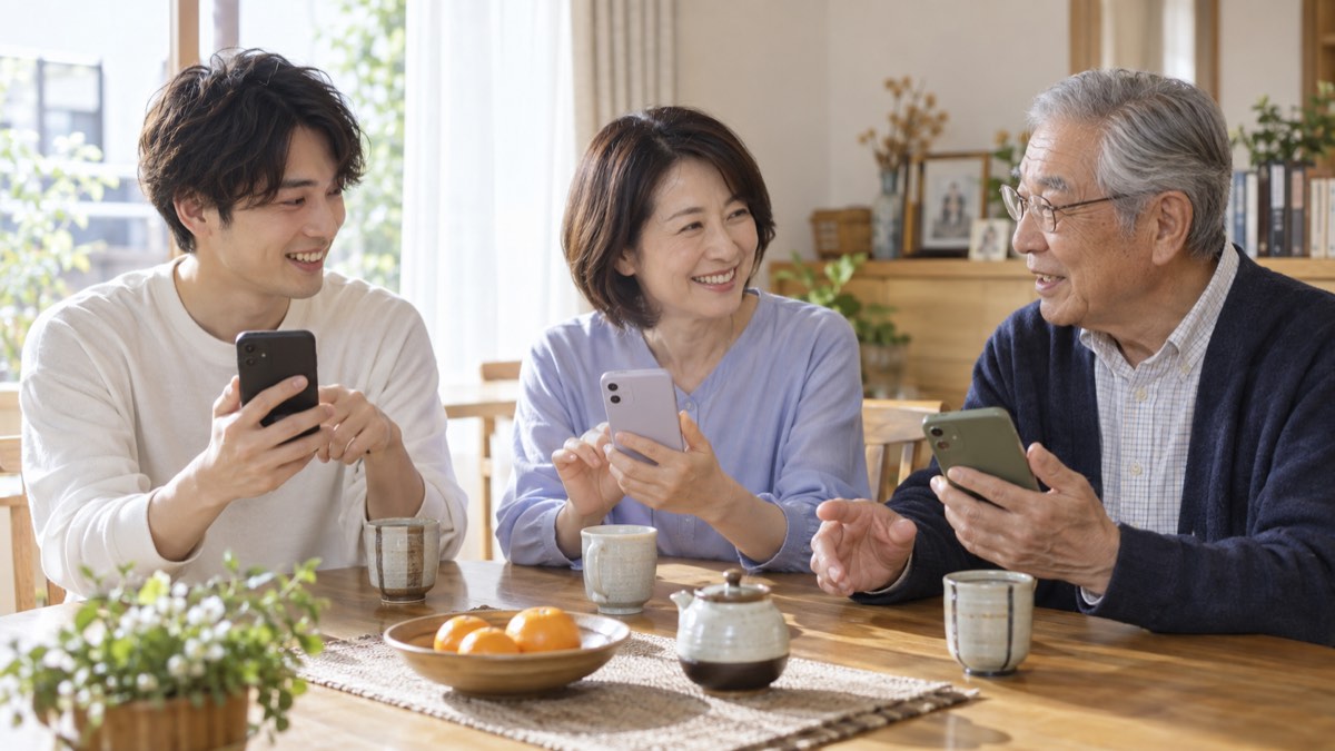 三世代がそれぞれのスマートフォンを使っている様子