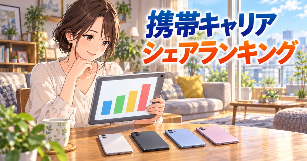 携帯キャリアのシェアをグラフで見比べる女性のイラスト