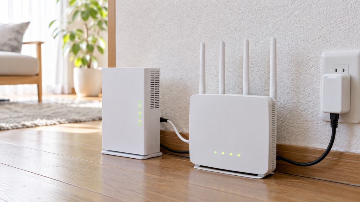 自宅に設置された白い回線終端装置とWi-Fiルーター