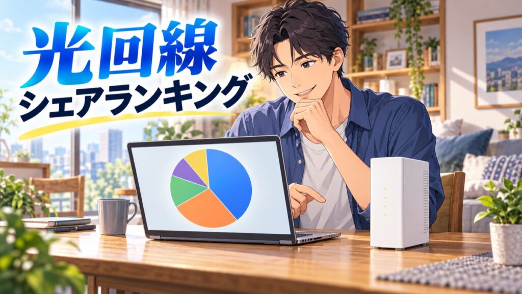 光回線のシェアをパソコンで確認する男性のイラスト